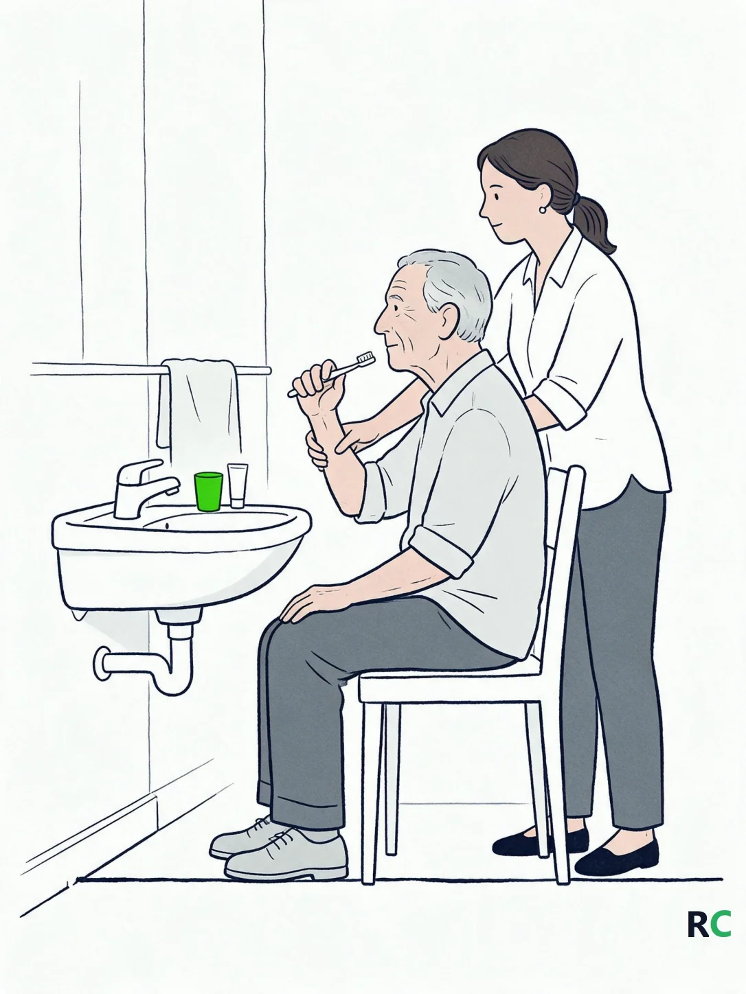 Ilustração de cuidadora posicionada ao lado de idoso sentado numa cadeira diante da pia do banheiro, conduzindo pelo punho a mão dele que segura a escova de dentes