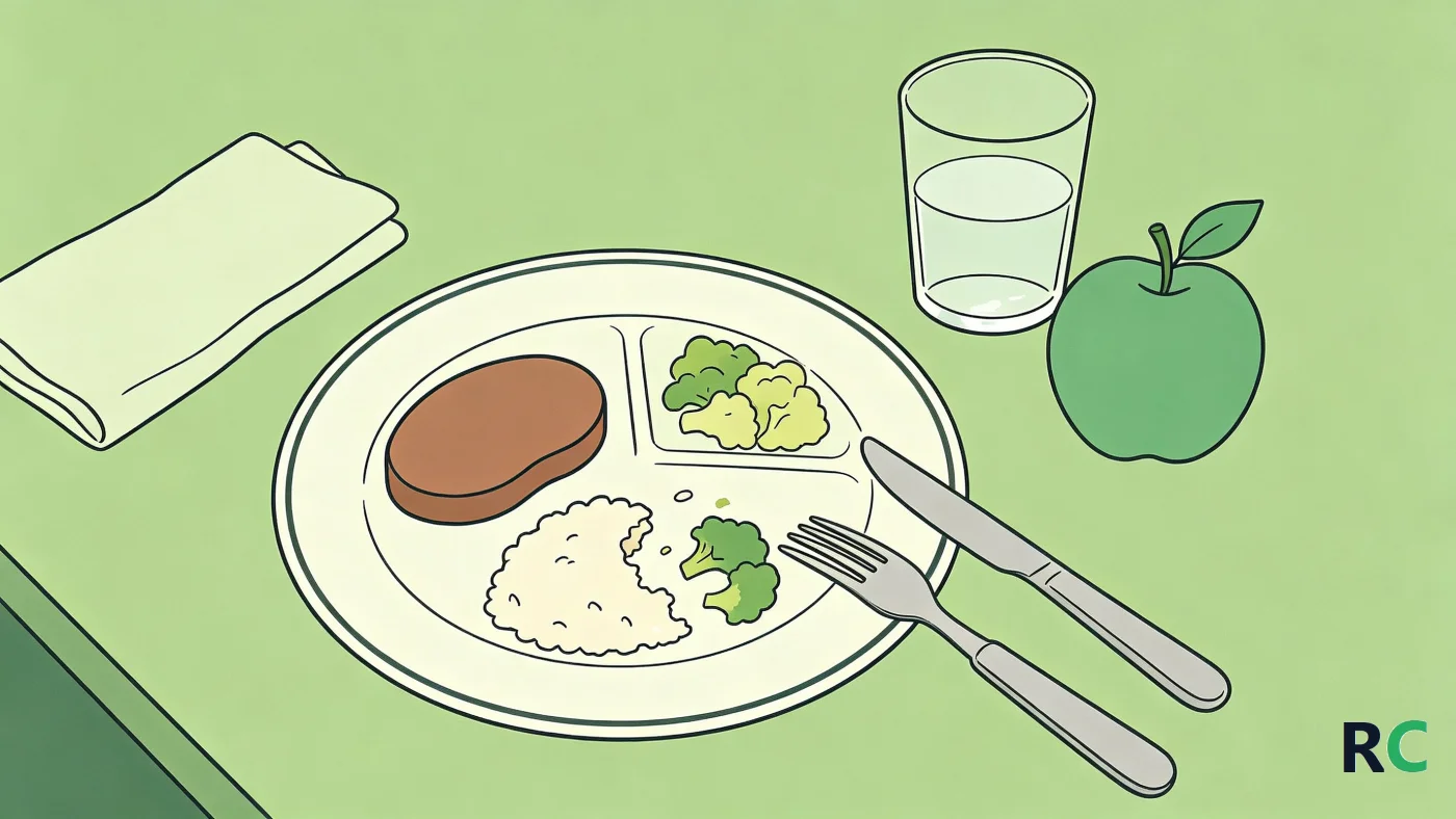 Ilustração de prato visto de cima, com a carne inteira ao lado do arroz já comido e do legume cozido, o garfo e a faca pousados na borda, e um copo de água pela metade com uma maçã inteira ao lado