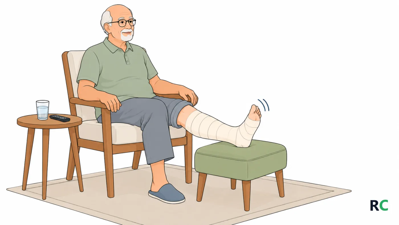 Ilustração de senhor idoso sentado numa cadeira da sala, com a perna enfaixada apoiada num banquinho, fazendo o movimento de levantar e abaixar a ponta do pé, com um copo de água e o controle da televisão na mesinha ao lado