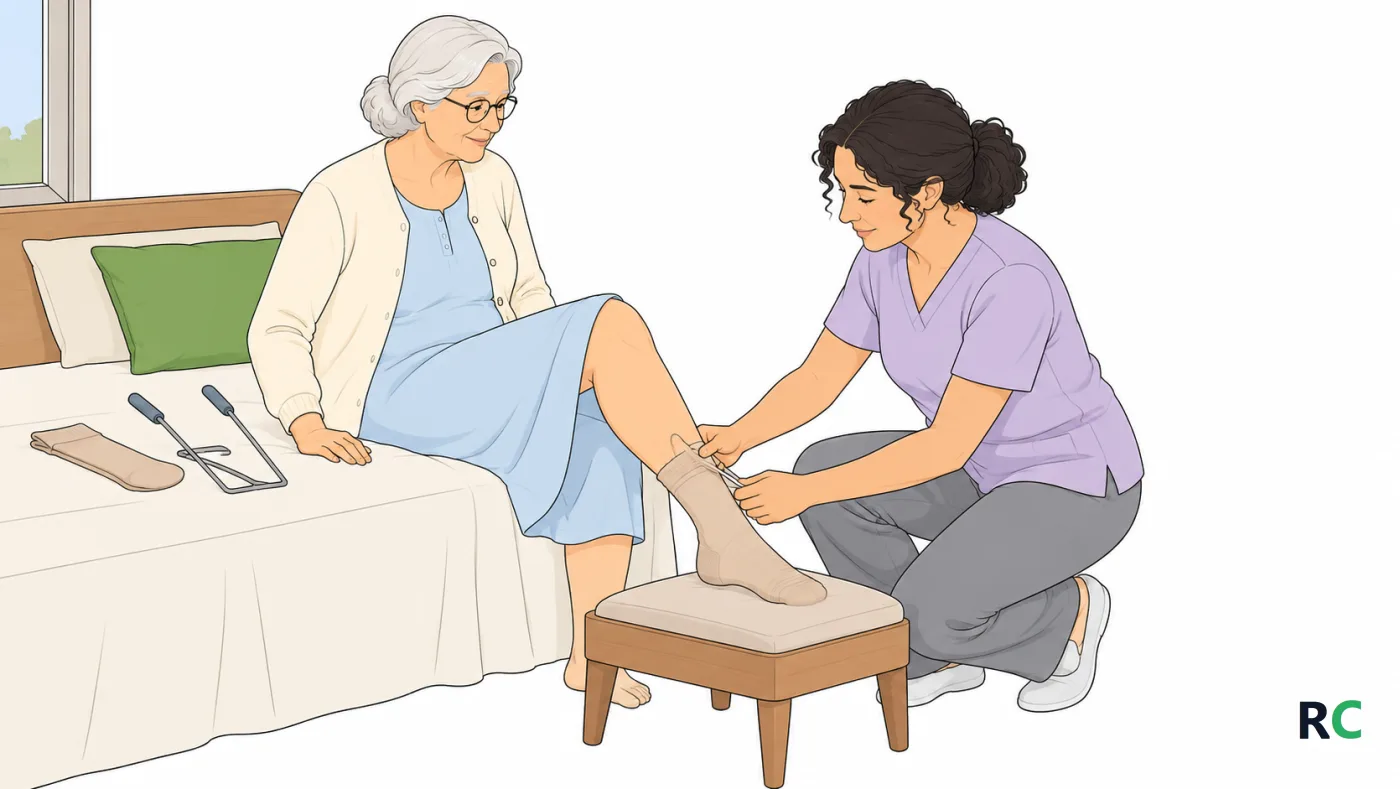 Ilustração de mãos de uma cuidadora ajudando uma senhora idosa sentada na beira da cama a calçar a meia de compressão, com a perna apoiada num banquinho e a luz da manhã entrando pela janela