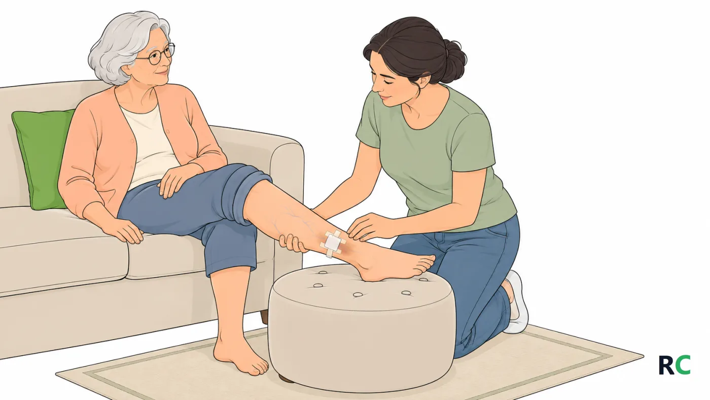 Ilustração de senhora idosa sentada no sofá com a perna apoiada num pufe, enquanto a filha, ajoelhada ao lado, observa a pele escurecida e as veias saltadas logo acima do tornozelo, com um pequeno curativo na face interna da perna