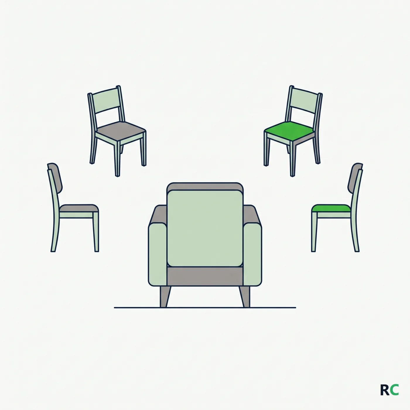 Ilustração de uma poltrona com quatro cadeiras menores voltadas para ela