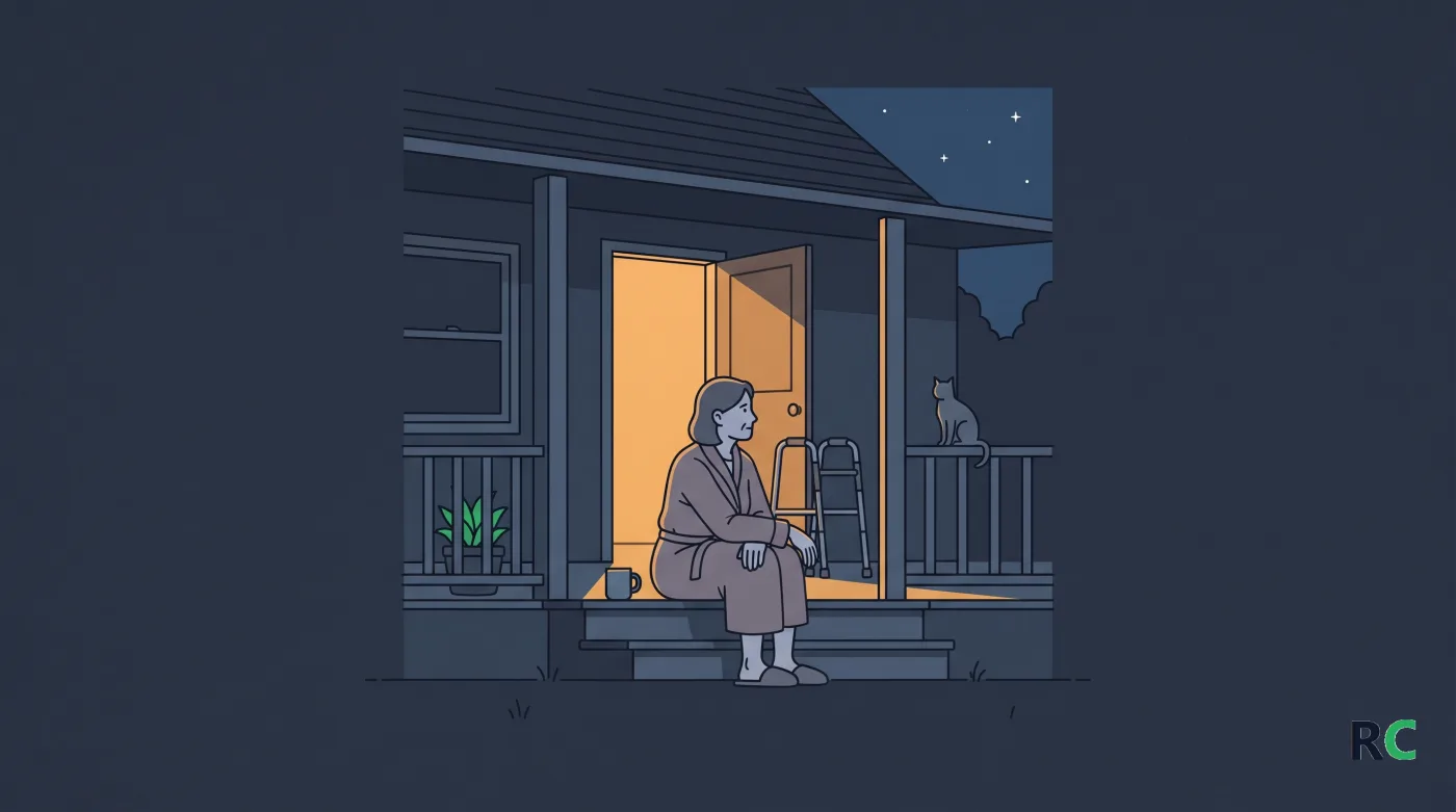 Ilustração de varanda de madrugada, com a cuidadora sentada sozinha no degrau e a luz da casa acesa atrás dela