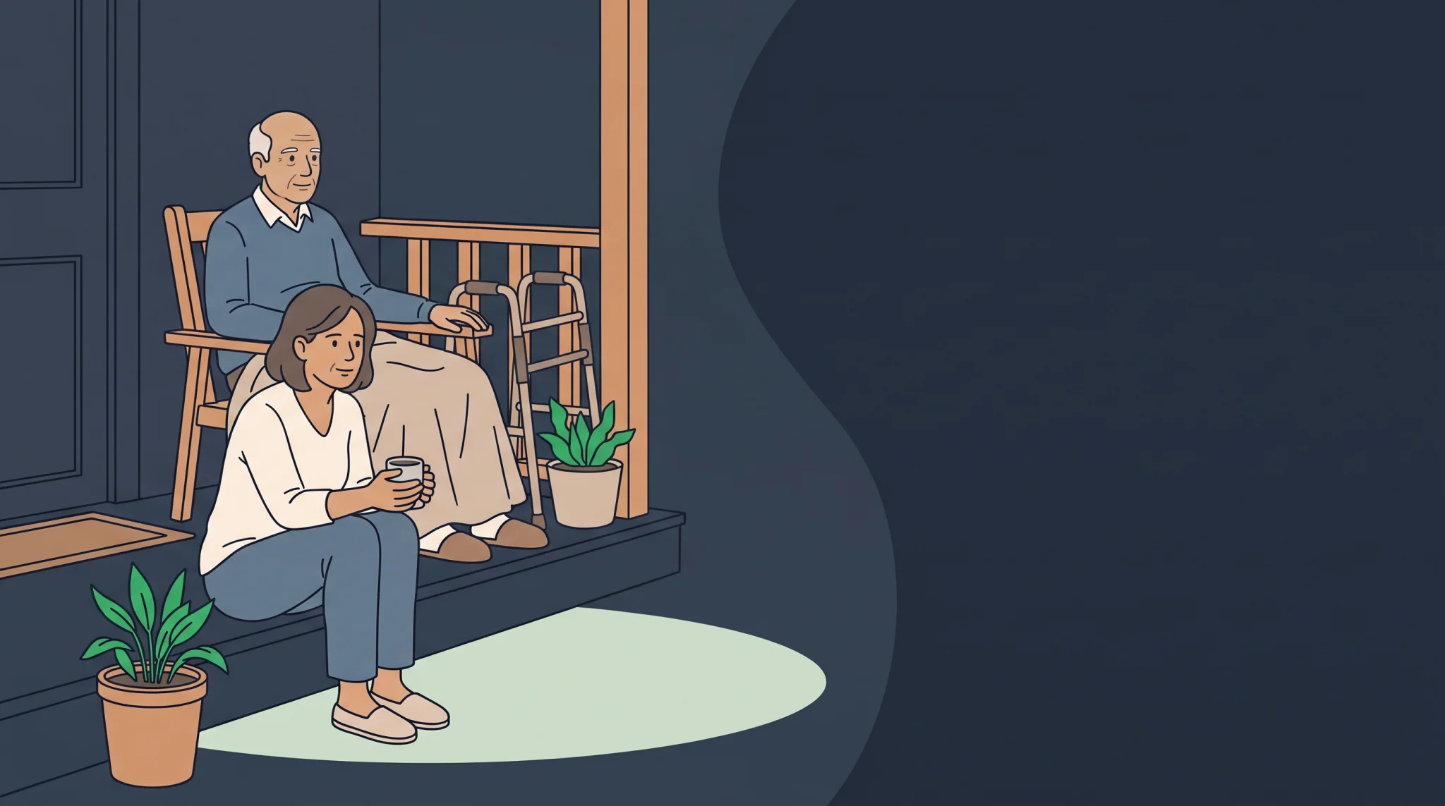 Ilustração de filha adulta sentada no degrau da varanda ao lado do pai idoso em uma cadeira, no fim da tarde