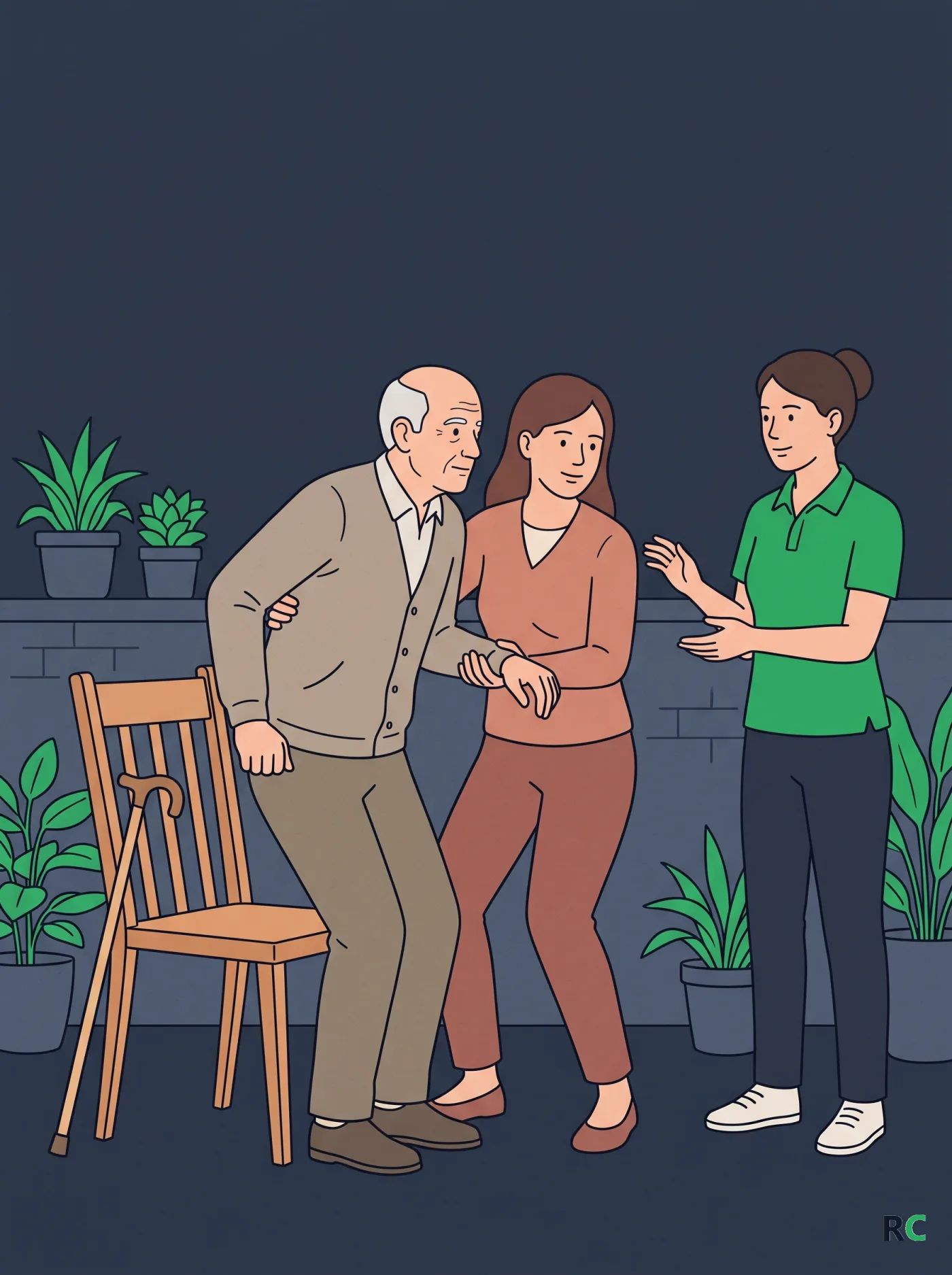 Ilustração vertical de fisioterapeuta orientando a filha a apoiar o pai idoso para levantar da cadeira na varanda