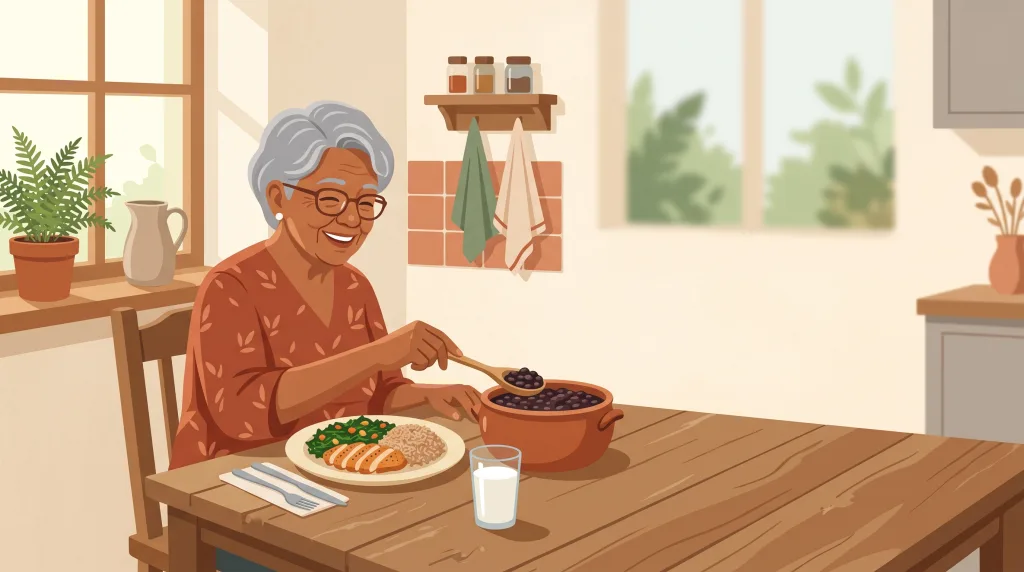Ilustração de senhora idosa à mesa da cozinha, servindo um prato com proteína, arroz e feijão